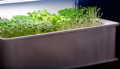 Fototapeta premium Variety Of Healthy Green Microgreens Growing In A White Rectangular Planter Under A Grow Light Indoor Gardening For Fresh Herbs