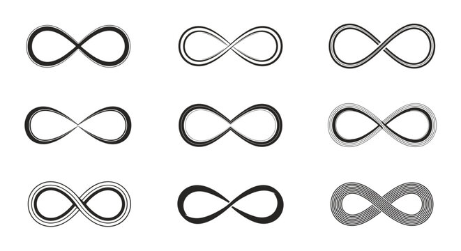 Collection of nine infinity symbols in different artistic styles featuring various line weights, textures, and designs.