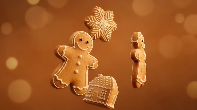 Gingerbread cookies, a house, and a star float against a warm, bokeh background