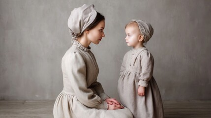 A mother and her young child both dressed in matching vintage style linen bonnets and dresses look into each other s eyes conveying a deep sense of connection and love in a simple studio portrait
