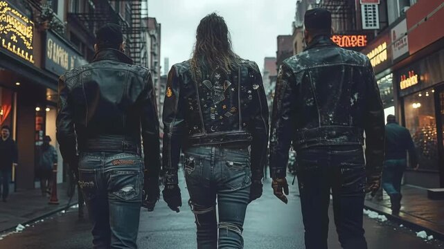 Back view of a group of friends wearing black leather jackets and jeans walking down a city street