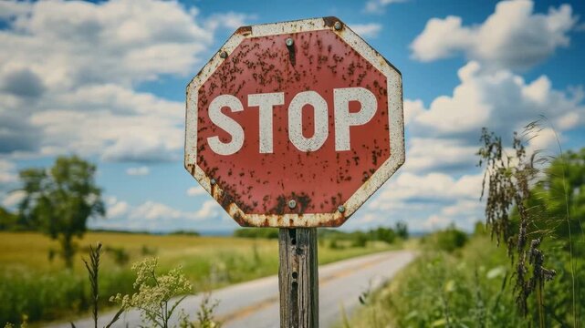 Rusty stop sign on a wooden post along a deserted country road with a blue sky background