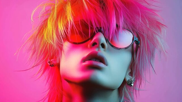 Stylish young model with pink hair and sunglasses posing in a studio with vibrant neon lights