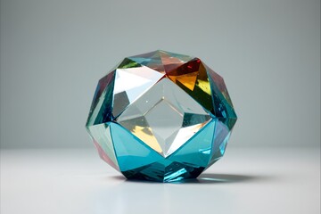 Vibrant multi-faceted geometric glass crystal with rainbow reflections on white