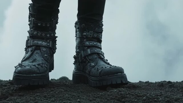 Heavy metal style boots with spikes and buckles stepping on dark, smoky ground in slow motion