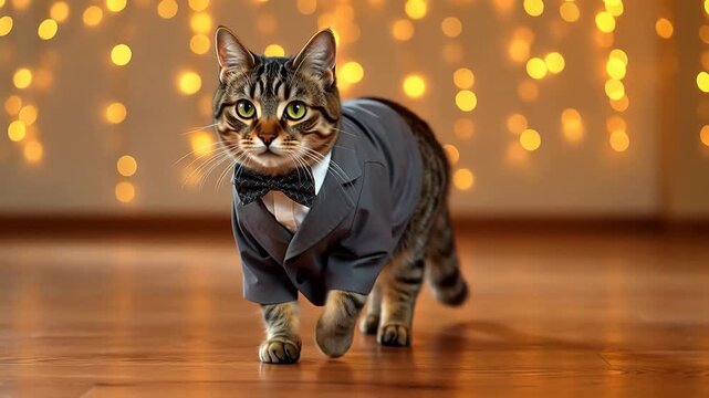 Cat in suit walking on wooden floor