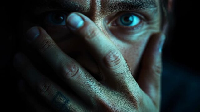 Close-up of a terrified man with blue eyes covering his mouth in shock on a black background