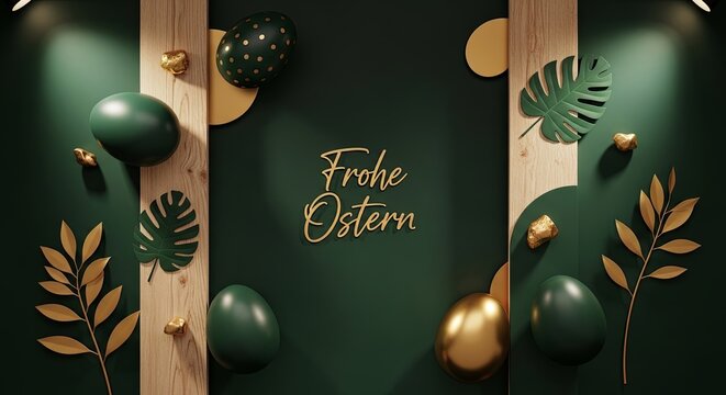 Frohe Ostern greeting text with dark green and gold eggs. Modern festive design for Easter celebration and holiday season.