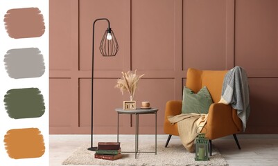 Interior of living room with armchair, table and floor lamp. Different color patterns
