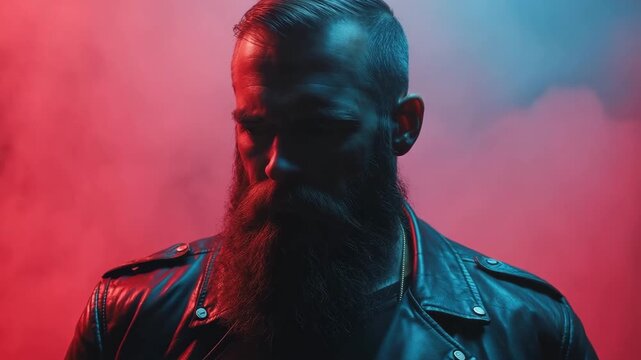 Tough bearded biker looking intensely at the camera in a mysterious red and blue smoky atmosphere