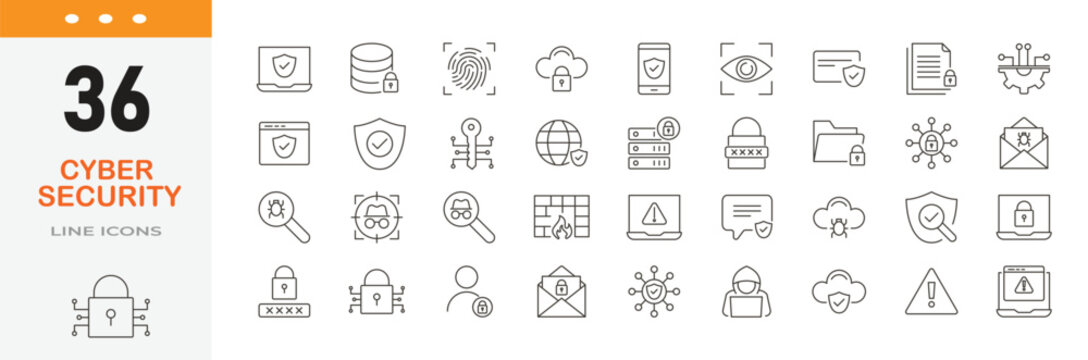 Cybersecurity related editable icon set. Contain icons related to data protection, internet security, privacy, firewall, encryption, secure network, hacking protection, and more. Editable stroke.