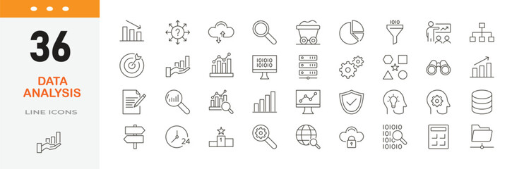 Data Analytics related editable icon set. Contain icons related to data analysis, statistics, business analytics, data visualization, charts, graphs, big data, reporting, and more. Editable stroke.
