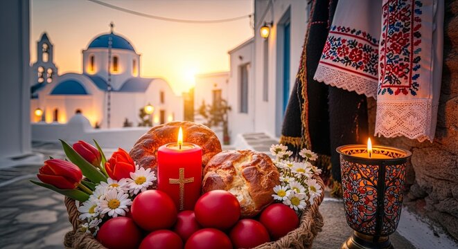 Easter basket filled with red eggs and braided bread surrounded by tulips and candles. Traditional greek orthodox celebration at sunset in white village with blue domed church. Mediterranean