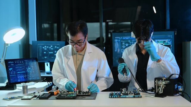 Engineers examining hard drive and motherboard in a technology lab, focusing on data storage, cybersecurity, diagnostics, and computer hardware repair