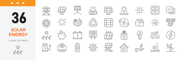 Solar energy line icon set. Contains solid icons related to environment, con sun, solar panel,  eco, charging, eco-friendly system, environment, battery and others. Editable stroke.  © Precision Icons