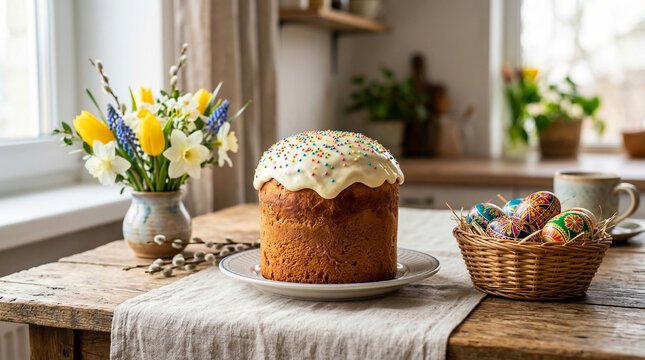 Traditional Easter kulich cake on wooden table with basket of painted eggs ai generated content