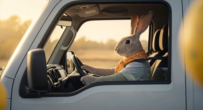 Easter bunny driving white van in countryside at sunset. Anthropomorphic rabbit on spring road trip. Holiday adventure and festive journey concept
