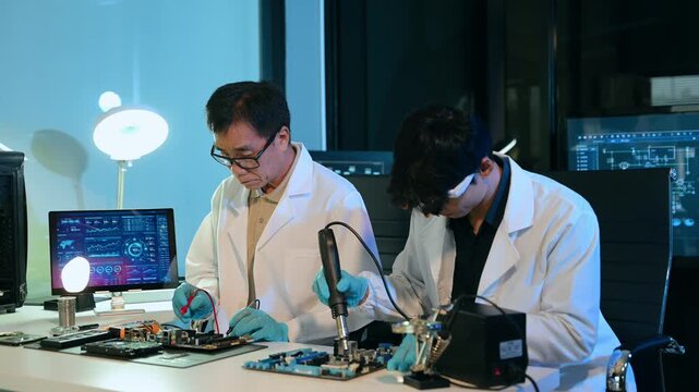 Engineers examining hard drive and motherboard in a technology lab, focusing on data storage, cybersecurity, diagnostics, and computer hardware repair