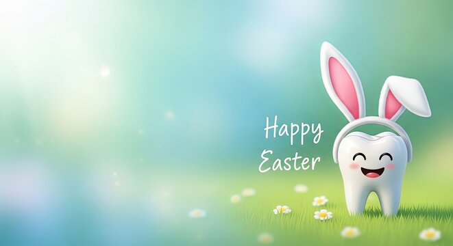 Cute tooth as easter bunny smiling on green grass with daisies. Happy easter greeting text in english. Fun dental holiday character for celebration and oral health concept