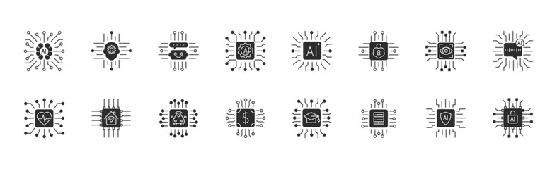 AI Processor Chips Silhouette Icons Set with Starburst. Intelligence Elements, and Symbols 