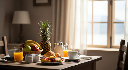 Bright and Fresh Breakfast Table with Fruits and Coffee in a Cozy Kitchen.