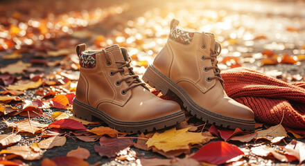Stylish Beige Hiking Boots Placed on Autumn Leaves in a Scenic Outdoor Setting.