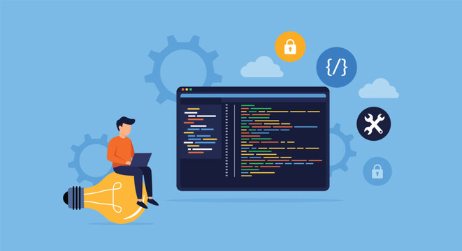 Software Development and Programming Concept &ndash; Developer Coding with IDE Interface and Technology Icons Vector Illustration