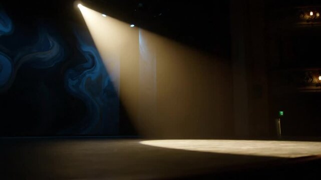 Empty theater stage with bright spotlight illuminating the floor against a dark backdrop creating dramatic atmosphere
