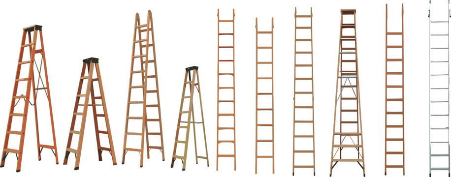 Vector Set of Various Ladders Including Wooden Stepladders, Extension Ladders, and Folding Ladders for Construction and Home Maintenance Concept