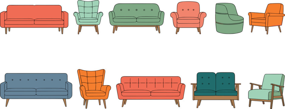 Vector Set of Modern Living Room Furniture Featuring Colorful Sofas, Armchairs, and Couches for Interior Design and Home Decor Concept