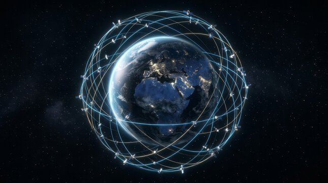 Global Satellite Network Orbiting Earth Earth Satellite Orbit Global Technology Space Network. Concept featuring earth, satellite, orbit, global, technology for professional commercial design.