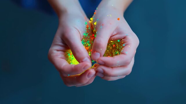 Human hands gently cup bright glowing bacteria, displaying molecular organisms in vibrant green and yellow light against a deep blue background, revealing microscopic life.
