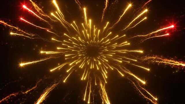 An explosive radial burst of shimmering gold and crimson light trails surging forward from a dark central void in a cinematic display of cosmic energy.