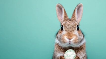Obraz premium Close up studio portrait of a fluffy brown baby bunny rabbit holding a festive patterned Easter egg looking at the with its ears up