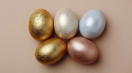 A group of five shimmering metallic Easter eggs featuring gold silver light blue and rose gold finishes artfully arranged on a plain neutral studio backdrop