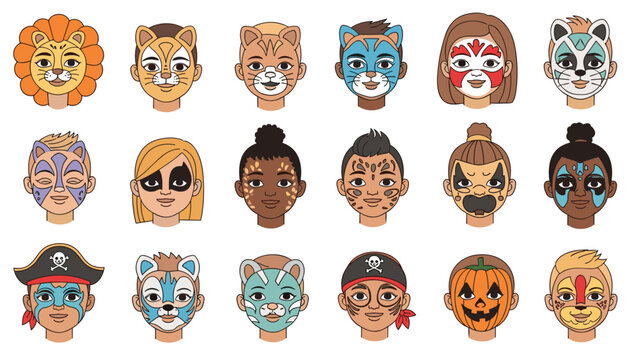 Row of diverse children showing off creative face paintings including animal themes, pirate characters, and spooky Halloween designs.