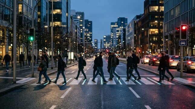 Urban Pedestrians Crossing at Night Pedestrians City Night Crosswalk Urban Street Traffic Lights. Concept featuring pedestrians, city, night, crosswalk, urban for professional commercial design.