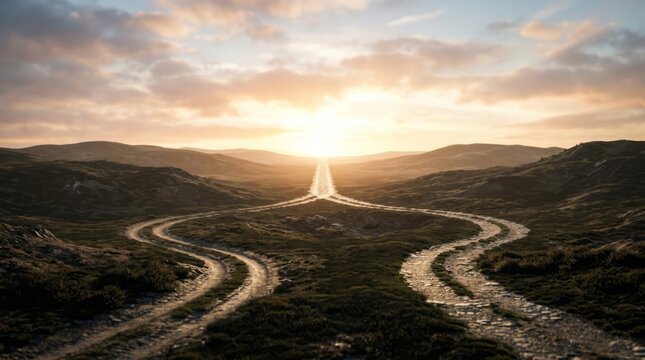 Scenic Landscape with Diverging Paths at Sunset Landscape Sunset Paths Nature Scenic Hills Outdoors. Concept featuring landscape, sunset, paths, nature, scenic for professional commercial design.