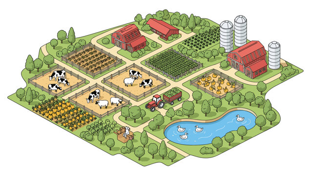 Detailed isometric farm layout showcases barns, animal pens with cows and sheep, crop fields, a tractor, and a small pond with ducks.