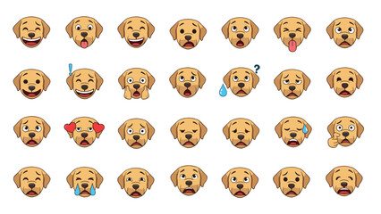 Fototapeta premium Large collection of golden retriever dog emoji faces expressing a wide range of human emotions such as joy, sadness, surprise, anger, and love.