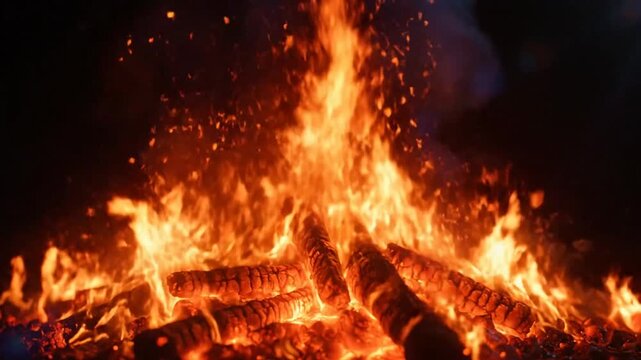 Burning campfire at night with large flames and sparks rising against a black background, a cozy scene.