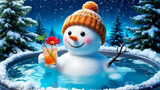 Snowman in hot tub with drink