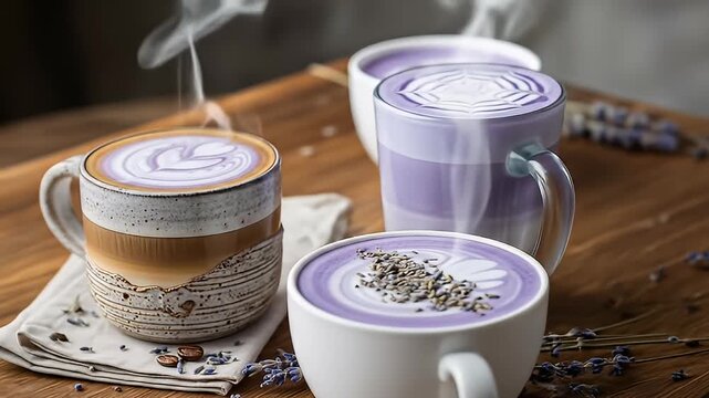 Steaming cups of latte with purple foam art on wooden table, lavender flowers