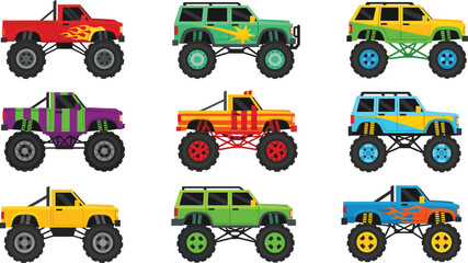 Colorful Monster Truck Vector Set Featuring Off-Road Vehicles with Big Wheels and Creative Paint Designs for Extreme Sports Concept © sojibislam