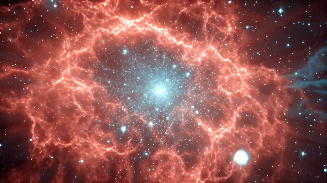 A vibrant cosmic expanse showcases a luminous nebula centered, surrounded by intricate orange and blue celestial formations, all punctuated by stars