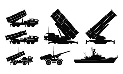 Mobile Rocket Launcher Truck and Artillery System Military Silhouette Icon Collection
