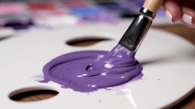 Artist's hand holding a brush with purple paint on a palette