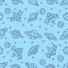 Obraz premium Seamless Pattern of Spacecraft, Planets, and Stars in Orbit Around Celestial Bodies in a Cosmic Environment, Viewed from Space, 1 (24).eps
