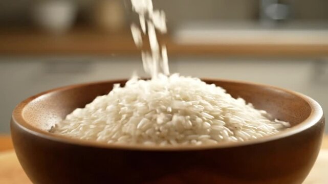 Close-up shot of white rice being poured into a beautiful brown wooden bowl ready for cooking a meal.