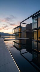 Fototapeta premium Modern Architectural Reflection at Sunset Modern Architecture Sunset Reflection Contemporary Design Luxury Home Water Feature Landscape. Concept featuring modern architecture, sunset, reflection, c...